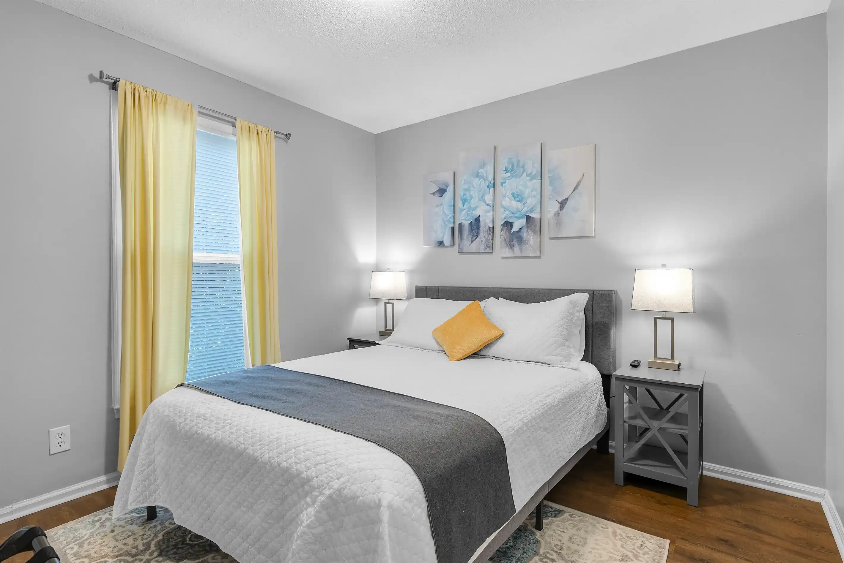 Enjoy a great night’s sleep in the queen bed. There are 2 nightstands with touch lamps with USB outlets for your convenience, and a wall-mounted TV to stream your favorite apps.