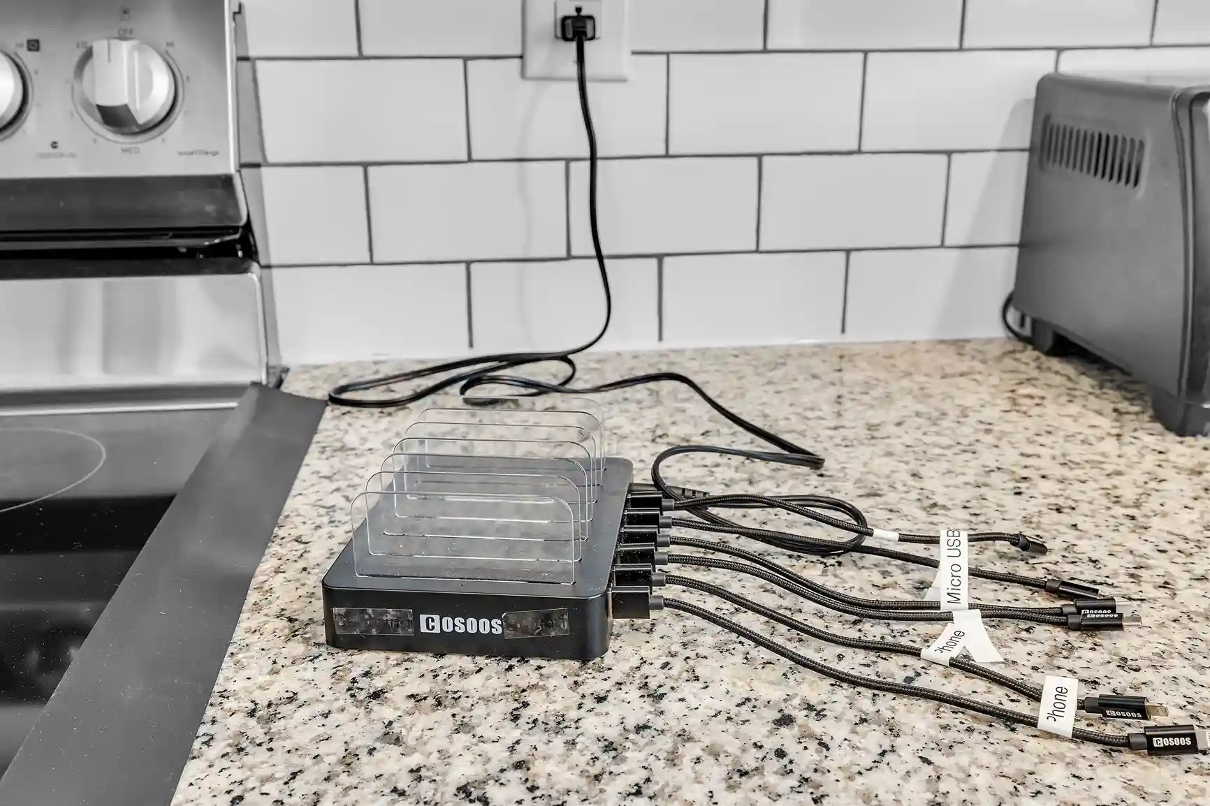 A charging station is located in the kitchen for your convenience. It has 2 iPhone cables, 2 Micro USB, and 2 USB-C.