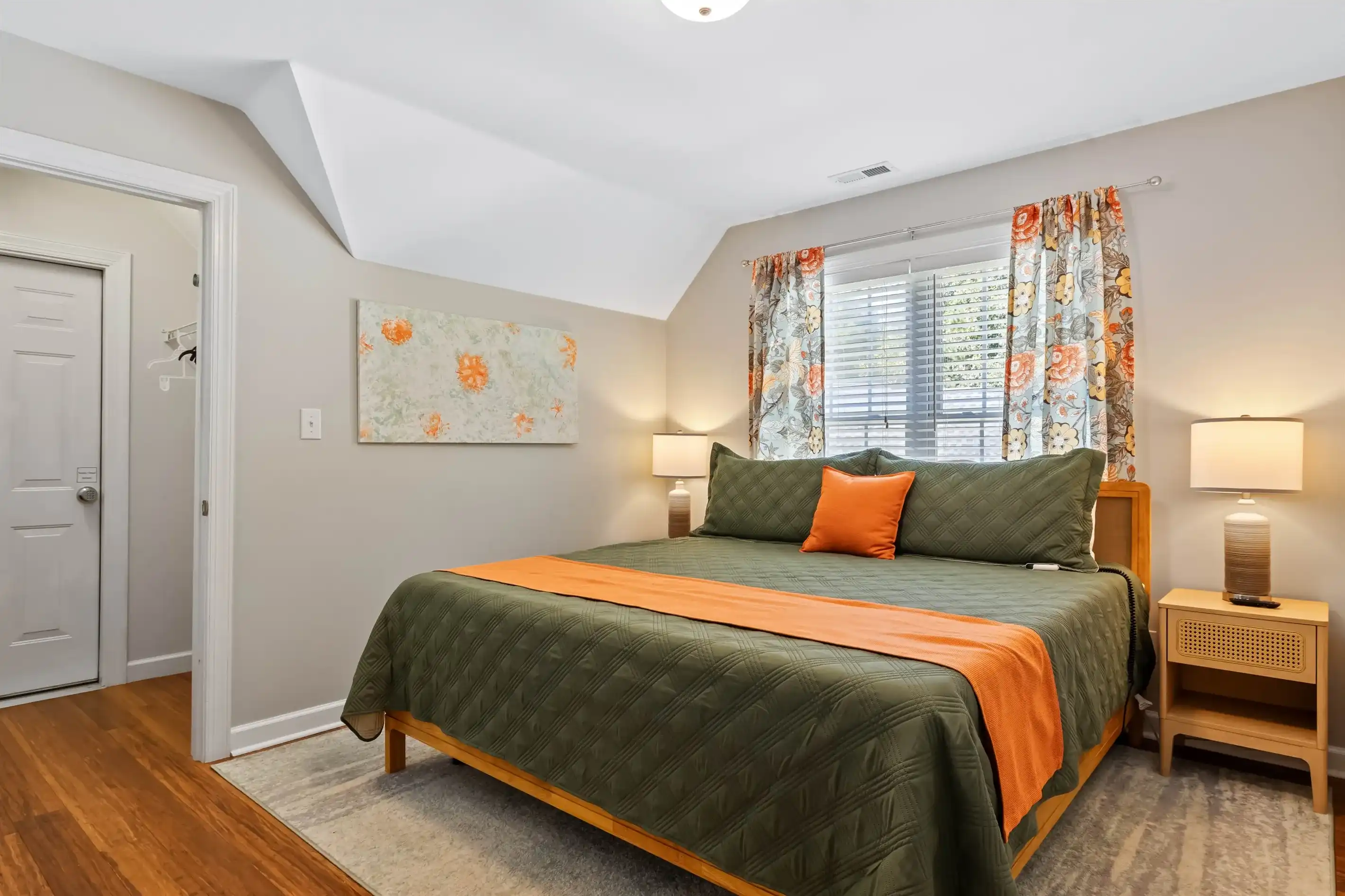 Plenty of room in the closet with shelving and hangers for your belongings.