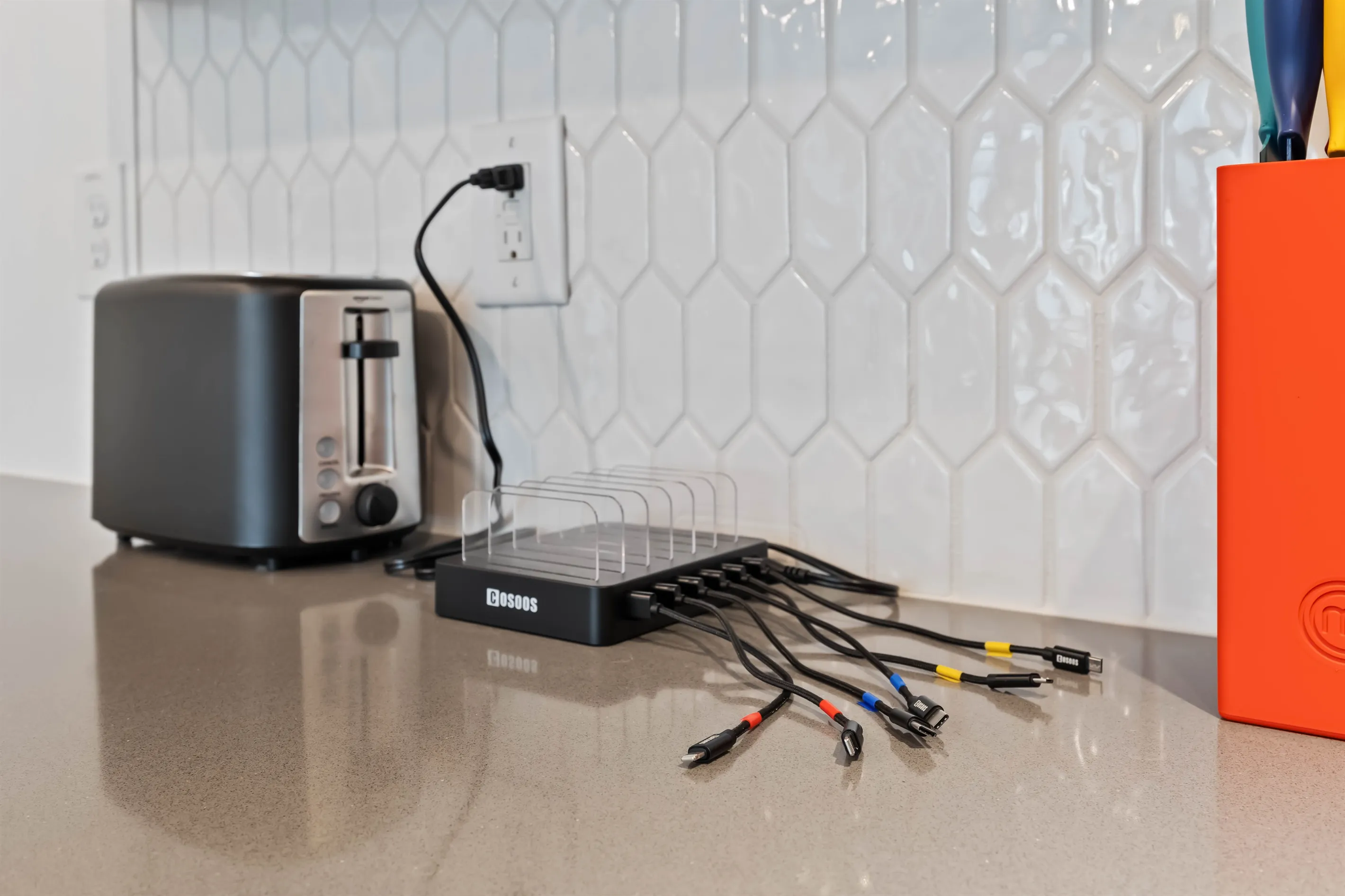 A charging station for your devices (iPhone, USB-C and Micro USB).